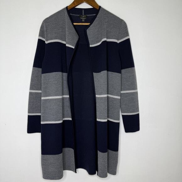 Talbots Sweater Womens Medium Petite Navy Gray Merino Wool Striped Cardigan - Picture 1 of 6